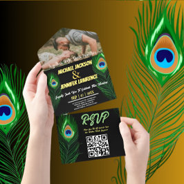 ミニマモダンリストPeacock Feather Photos結婚 オールインワン招待状