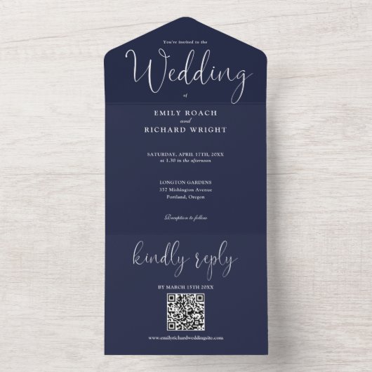ミニマモダンリストQRコードネイビーブルー結婚ズ オールインワン招待状 (内側)