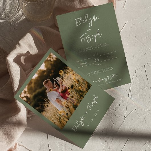 ミニマモダンリストSage Green Photo Boho 結婚's 招待状