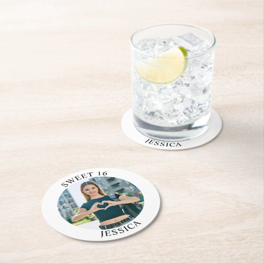 ミニマモダンリストSweet 16誕生日サークル写真 ラウンドペーパーコースター (インサイチュ)