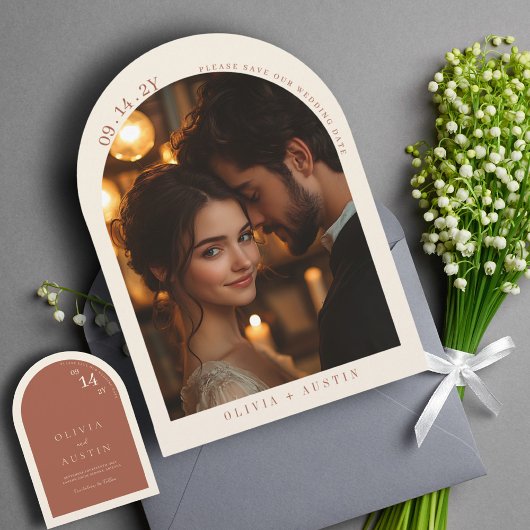 ミニマモダンリストTerracottaアーチ写真日付を保存 招待状