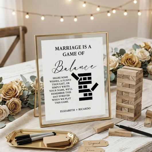 ミニマモダンリス結婚トのJengaゲストブックサイン ポスター