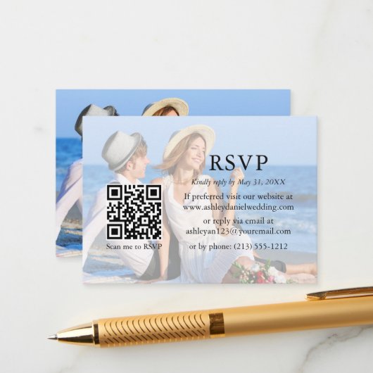 ミニマモダンリス結婚トのQR RSVPオーバーレイフォト エンクロージャーカード (正面/裏面インサイチュ)