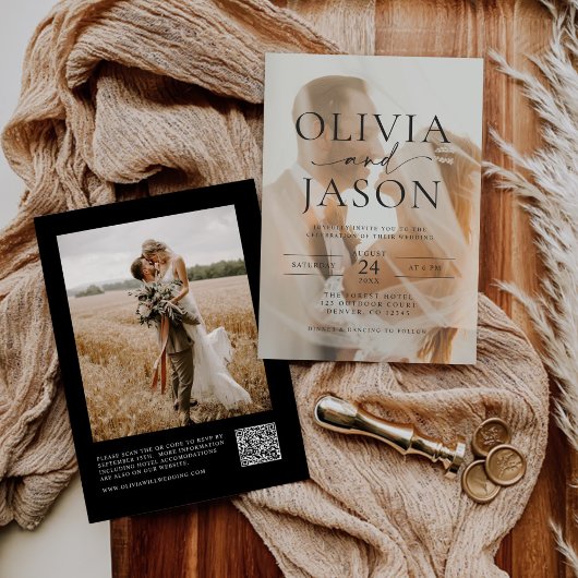 ミニマモダンリQRコーエレガントドフォト結婚ズ 招待状