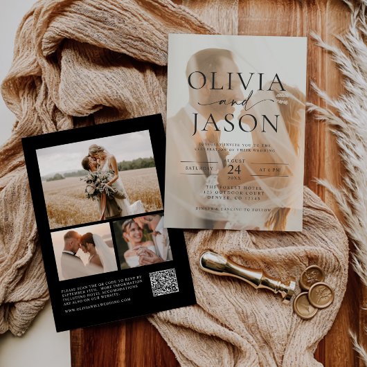ミニマモダンリQRコーエレガントドフォト結婚ズ 招待状