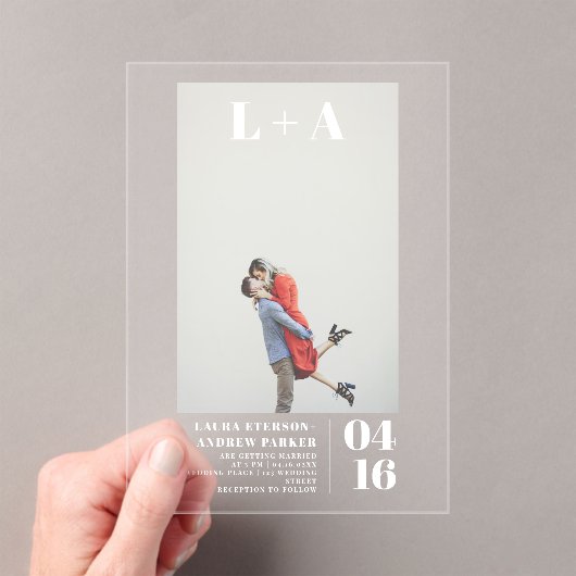 ミニマモダンルはっきりしたイニシャル写真結婚の アクリル招待状 (インサイチュ (ポータブル))