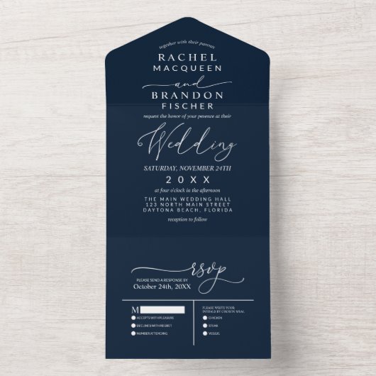 ミニマモダンルエレガントネイビーブルー結婚ホワイト オールインワン招待状 (内側)