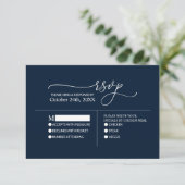 ミニマモダンルエレガントネイビーブルー結婚ホワイト 出欠カード (スタンド正面)