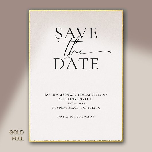 ミニマモダンルエレガント結婚金ゴールドの救日付 箔招待状