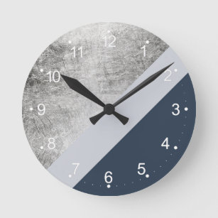 ミニマモダンルネイビーブルー灰銀箔ブロック ラウンド壁時計