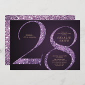 ミニマモダンルパープルグリッター28歳の誕生日 招待状 (正面/裏面)