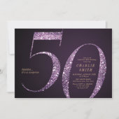 ミニマモダンルパープルグリッター50歳の誕生日 招待状 (正面)