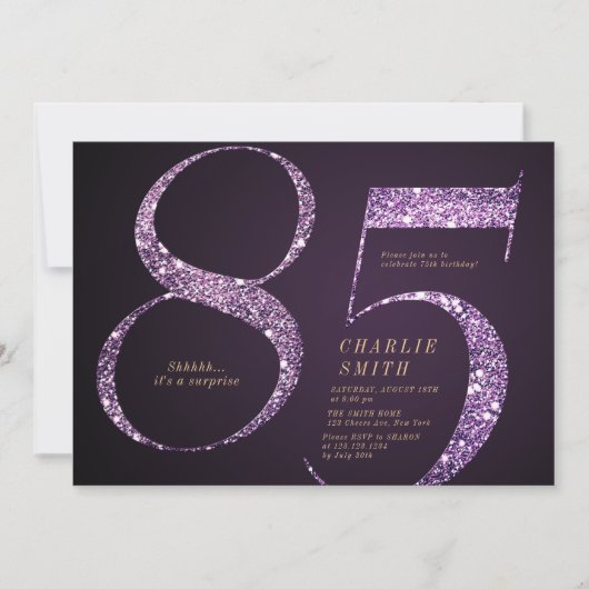 ミニマモダンルパープルグリッター85歳の誕生日 招待状 (正面)