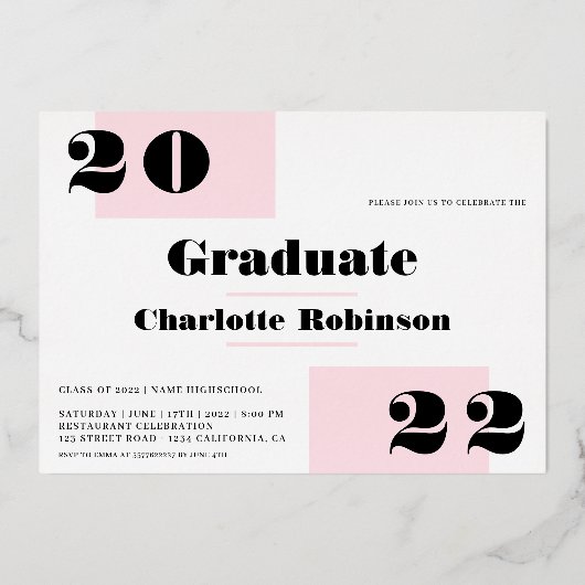 ミニマモダンルピンク2枚の写真を卒業 箔招待状 (裏面)