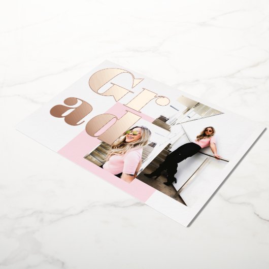 ミニマモダンルピンク2枚の写真を卒業 箔招待状 (回転した状態)