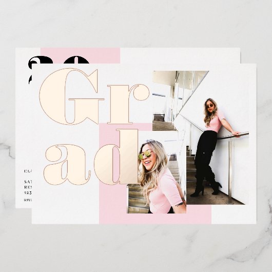 ミニマモダンルピンク2枚の写真を卒業 箔招待状 (正面/裏面)