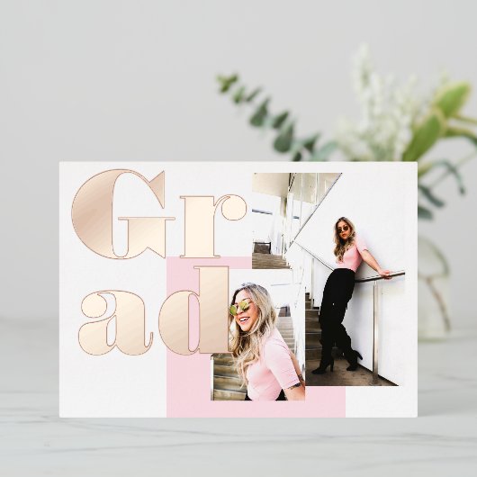 ミニマモダンルピンク2枚の写真を卒業 箔招待状 (立ち正面)