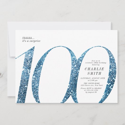 ミニマモダンルフェイクブルーグリッター100歳の誕生日 招待状 (正面)