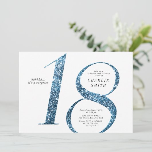 ミニマモダンルフェイクブルーグリッター18歳の誕生日 招待状 (スタンド正面)