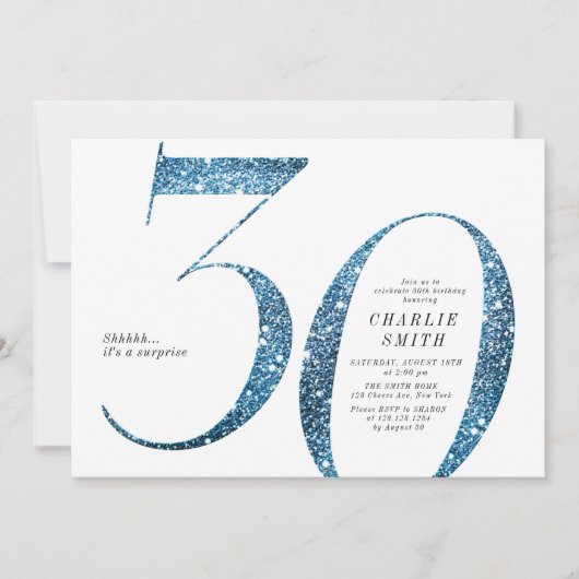 ミニマモダンルフェイクブルーグリッター30歳の誕生日 招待状 (正面)