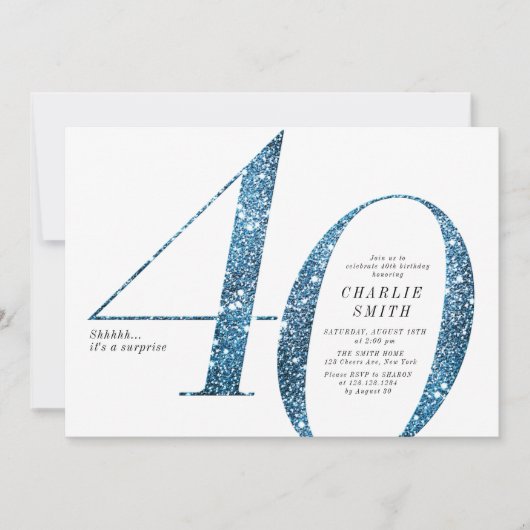 ミニマモダンルフェイクブルーグリッター40歳の誕生日 招待状 (正面)