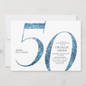 ミニマモダンルフェイクブルーグリッター50歳の誕生日 招待状 (正面)