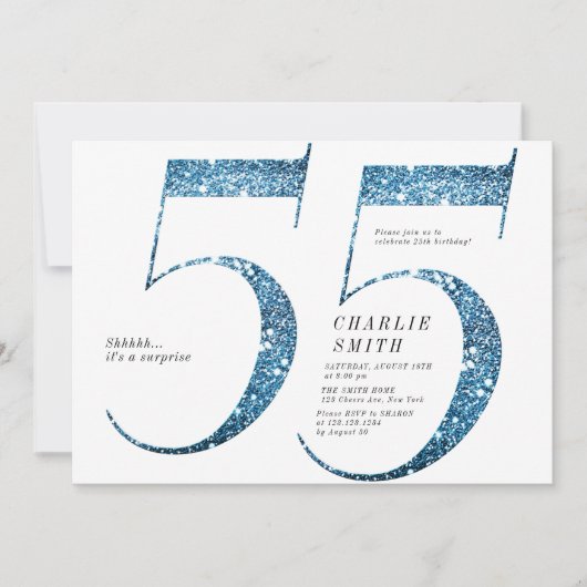 ミニマモダンルフェイクブルーグリッター55歳の誕生日 招待状 (正面)