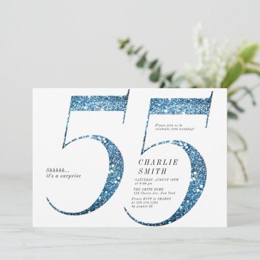 ミニマモダンルフェイクブルーグリッター55歳の誕生日 招待状 (スタンド正面)