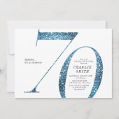 ミニマモダンルフェイクブルーグリッター70歳の誕生日 招待状 (正面)