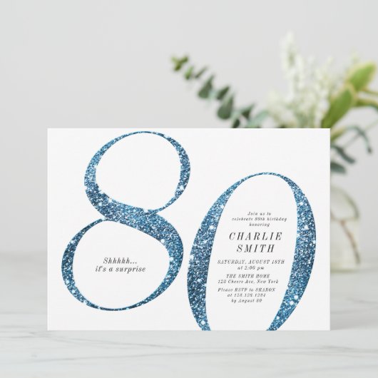 ミニマモダンルフェイクブルーグリッター80歳の誕生日 招待状 (スタンド正面)