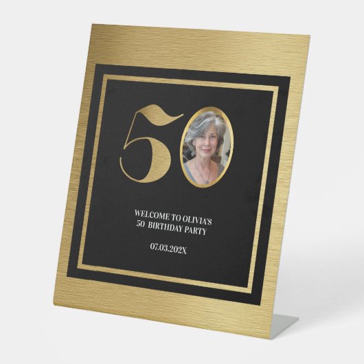 ミニマモダンルフェイク金ゴールドグリッター50歳 台座サイン (正面)