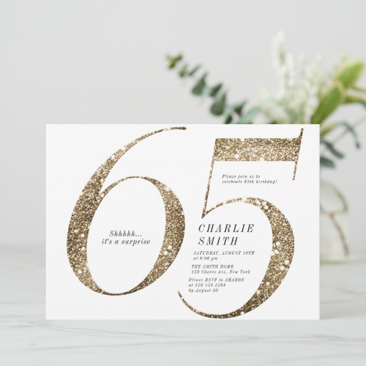 ミニマモダンルフェイク金ゴールドグリッター65歳 招待状 (スタンド正面)