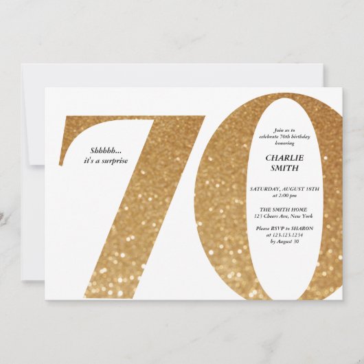 ミニマモダンルフェイク金ゴールドグリッター70歳 招待状 (正面)