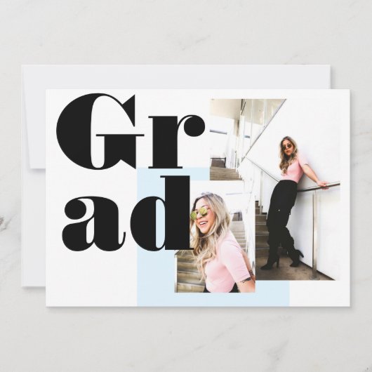 ミニマモダンルブルー2枚の写真を卒業 招待状 (正面)