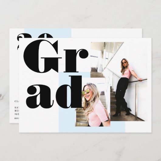 ミニマモダンルブルー2枚の写真を卒業 招待状 (正面/裏面)