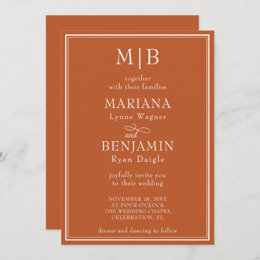 ミニマモダン縁どリストのボホテラコッタ結婚ズ 招待状 (正面/裏面)