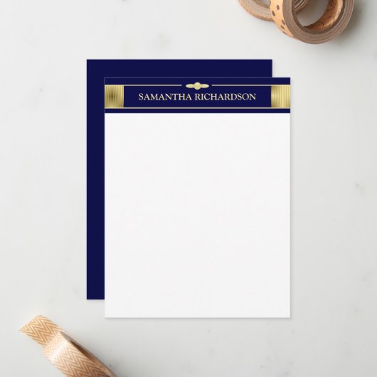 ミニマユニークリストのネイビーブルーと金ゴールド名 ノートカード (正面/裏面インサイチュ)
