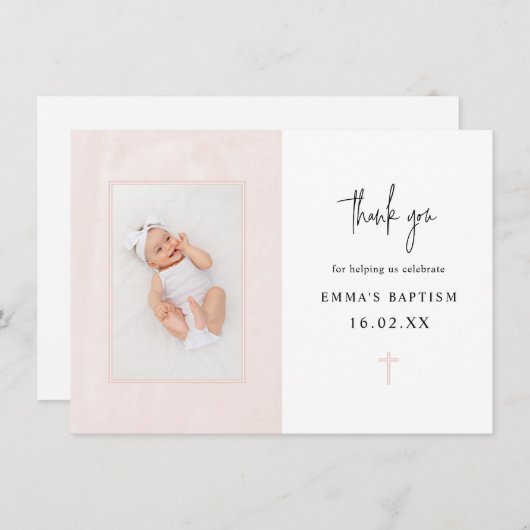 ミニマリエレガントストピンクの水彩写真洗礼   サンキューカード (正面/裏面)