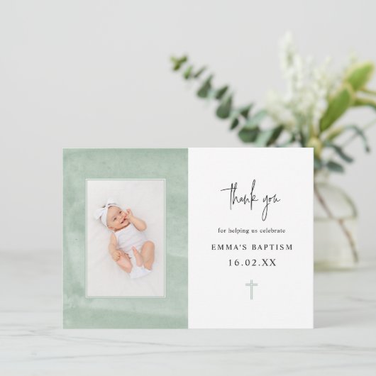 ミニマリエレガントスト緑水彩写真洗礼  サンキューカード (スタンド正面)