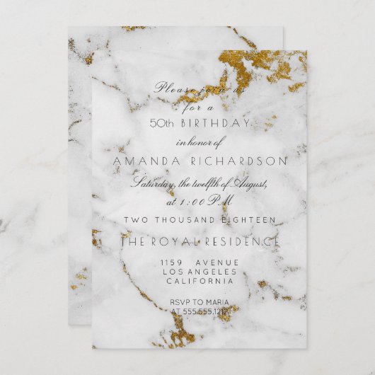 ミニマリスグレーホワイトマーブル金ゴールド誕生日 招待状 (正面/裏面)