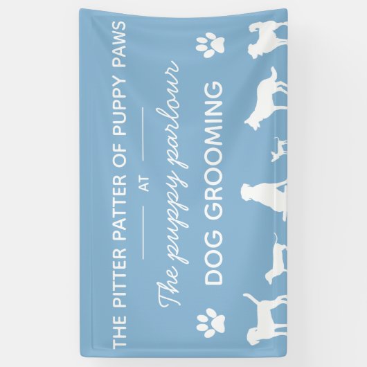 ミニマリスタイリッシュズムの青い白い犬のグルーミング 横断幕 (縦)