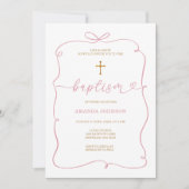 ミニマリストお洒落ピンク手描き女の子バプテスマ 招待状 (正面)