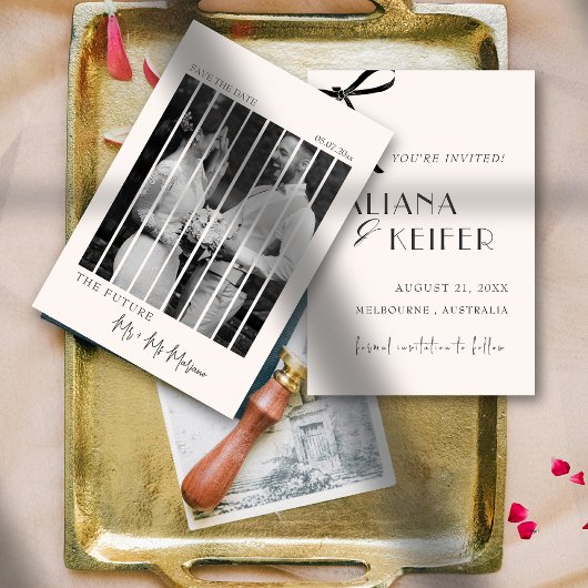 ミニマリストお洒落ボウレトロ結婚写真 セーブザデート