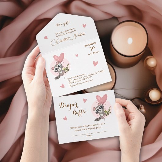 ミニマリストかわいいアライグマ赤ちゃんシャワー オールインワン招待状