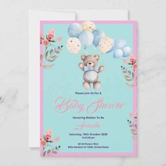 ミニマリストかわいいクマの赤ちゃんシャワー 招待状 (正面)