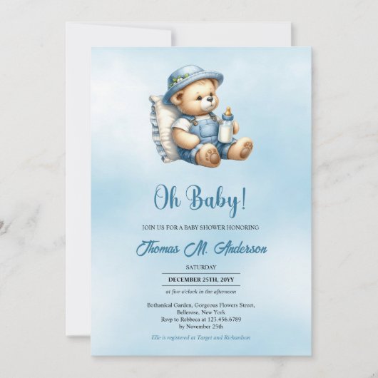 ミニマリストかわいいテディベア男の子の赤ちゃんシャワー 招待状 (正面)