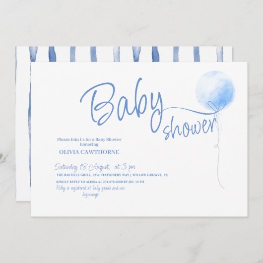 ミニマリストかわいいブルーバルーンボーイ赤ちゃんシャワー 招待状 (正面/裏面)
