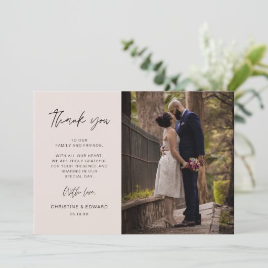 ミニマリストでエレガントな結婚式感謝状フォトカード 招待状 (スタンド正面)