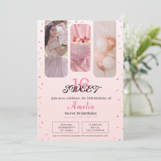 ミニマリストとかわいこちゃんスウィート16招待状 招待状 (スタンド正面)
