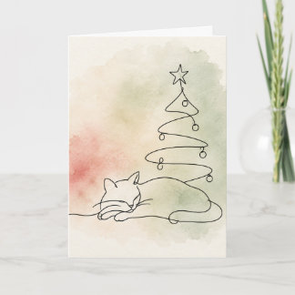 ミニマリストなアートのクリスマス猫 水彩画 カード